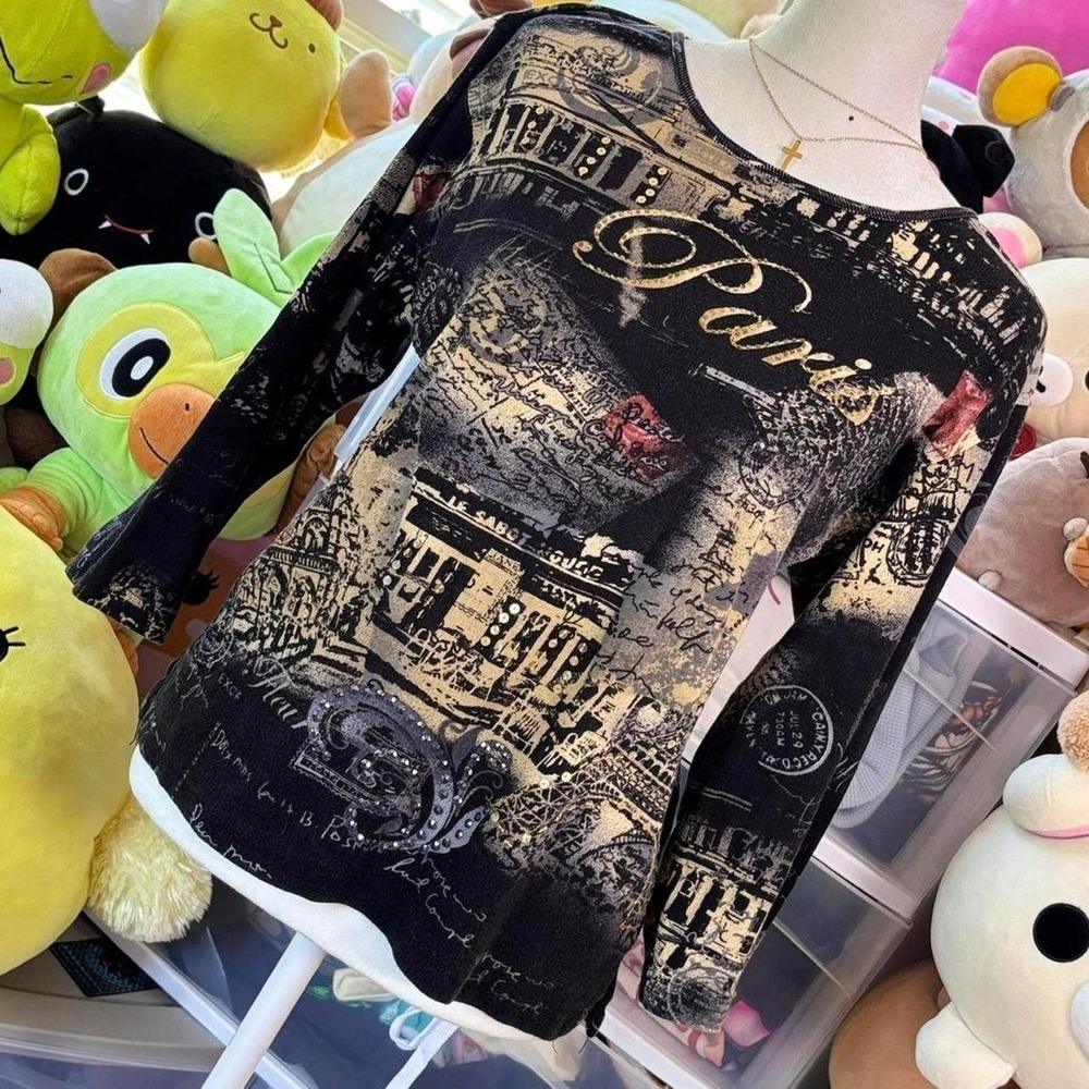 Vintage Y2K Jane Ashley Graphic AOP Gemstone Bedazzled Paris France Top Shirt